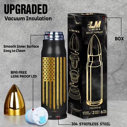 American Flag Stainless Steel Tumbler – 17oz Vacuum Insulated Tumbler with Black USA Flag Design – Patriotic Christmas, Birthday & Retirement Gifts for Veterans, Military, Police, Firefighters - HARD HATTERZ