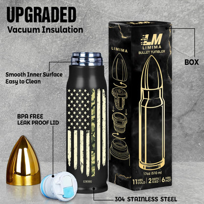 American Flag Stainless Steel Tumbler – 17oz Vacuum Insulated Tumbler with Black USA Flag Design – Patriotic Christmas, Birthday & Retirement Gifts for Veterans, Military, Police, Firefighters - HARD HATTERZ