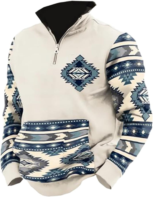 Western Sweatshirts for Men Aztec Ethnic Print Quarter Zip Pullover Fleece Hoodies Casual Stand Collar Sweatshirt - HARD HATTERZ