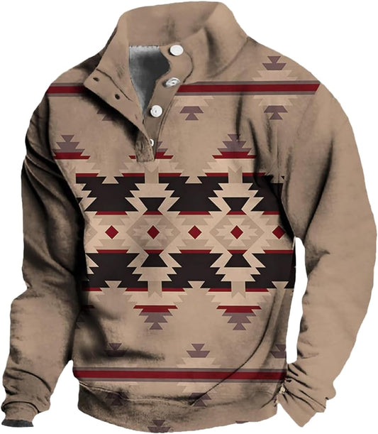 Western Sweatshirts for Men Aztec Ethnic Print Quarter Zip Pullover Fleece Hoodies Casual Stand Collar Sweatshirt - HARD HATTERZ